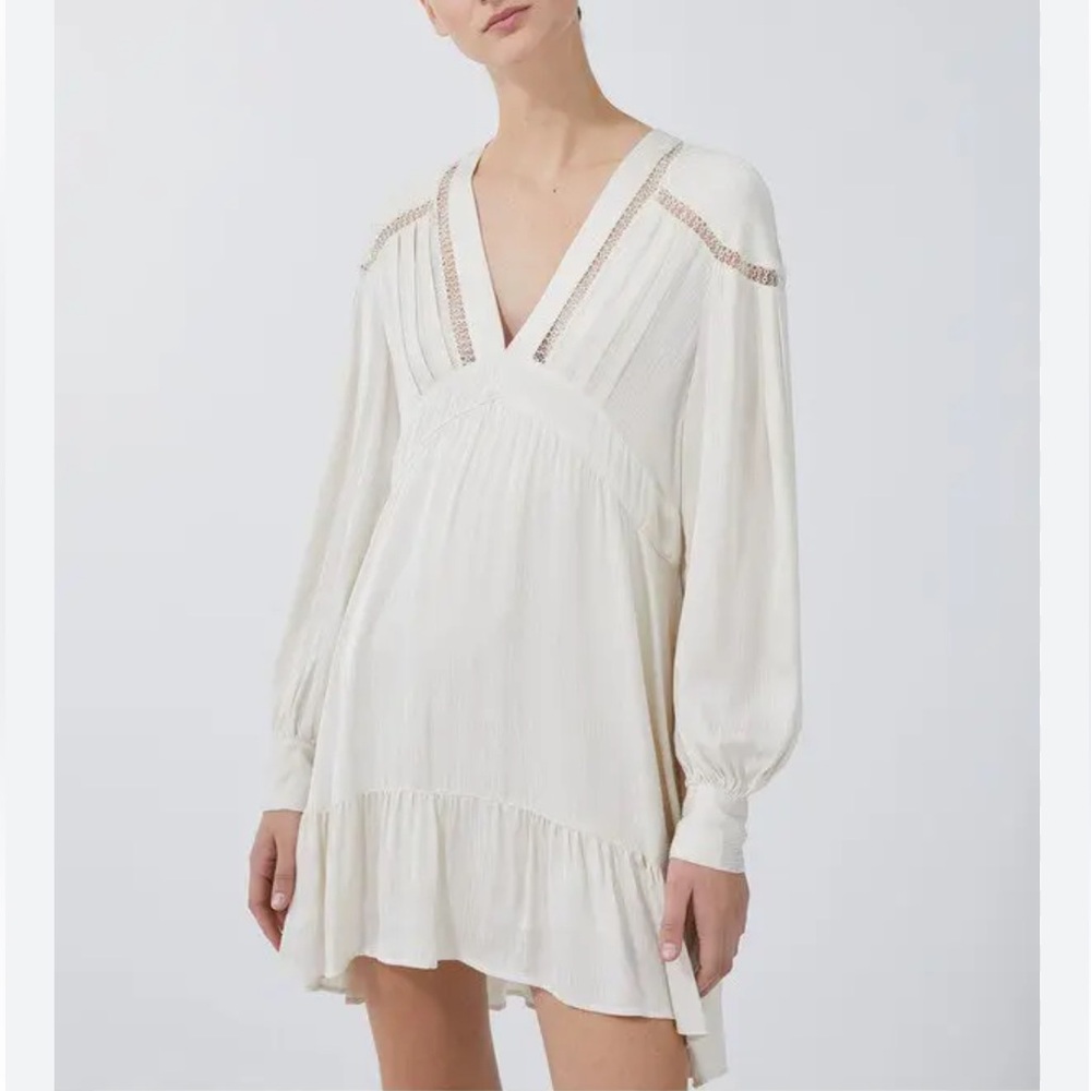 IRO Bilam Lace Pleated Dress Size 36 Cream V-Neck Dress Long Sleeves Boho Chic